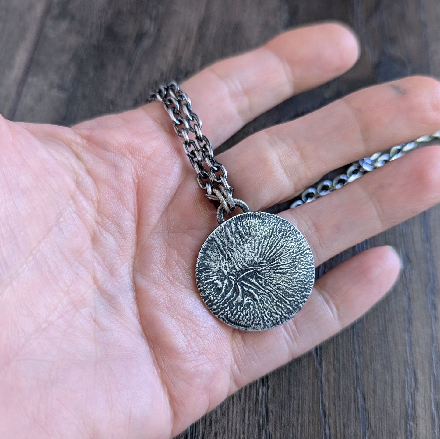 sterling silver round disc pendant necklace, oxidized
