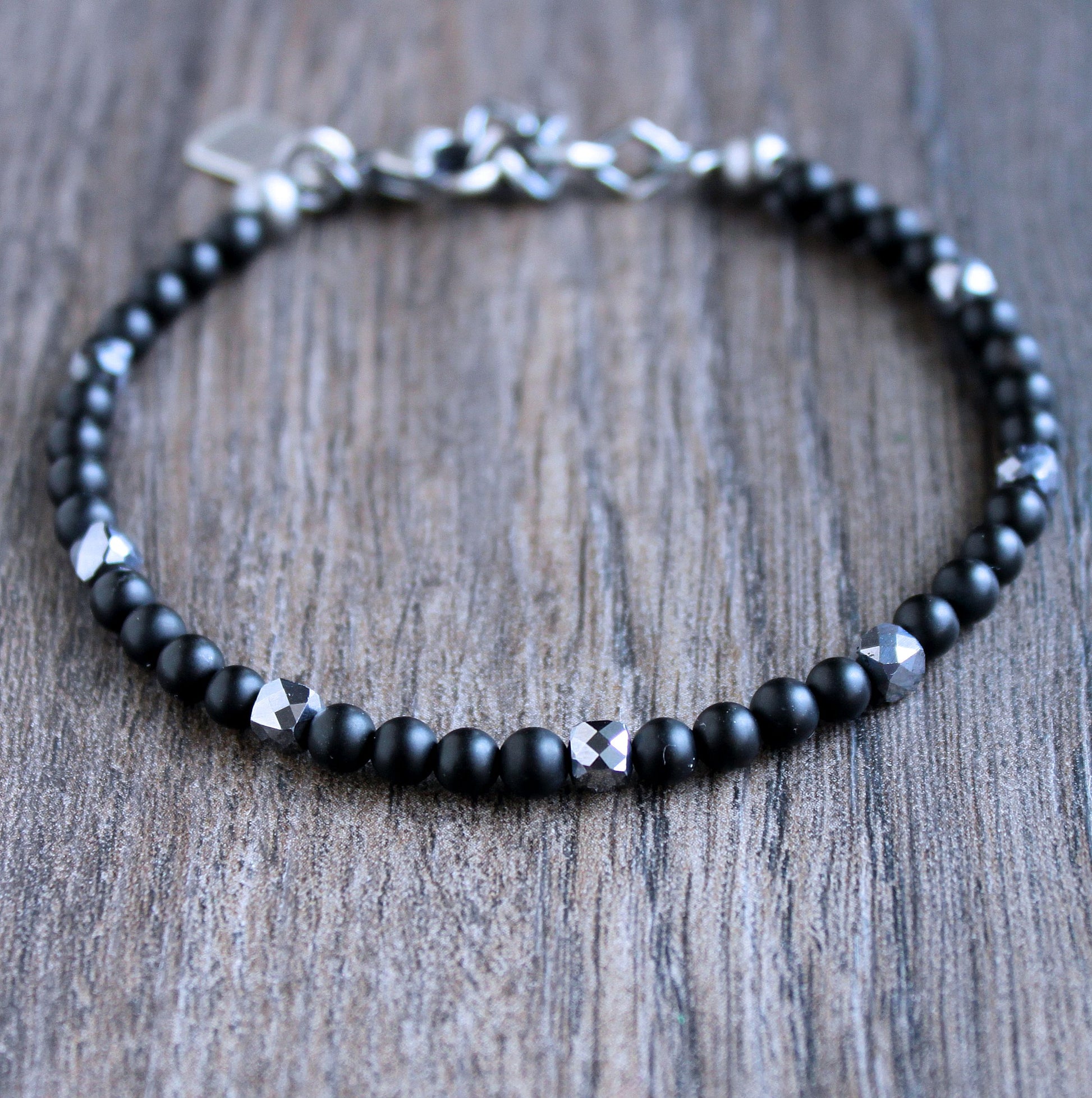 men's black silver thin bead bracelet