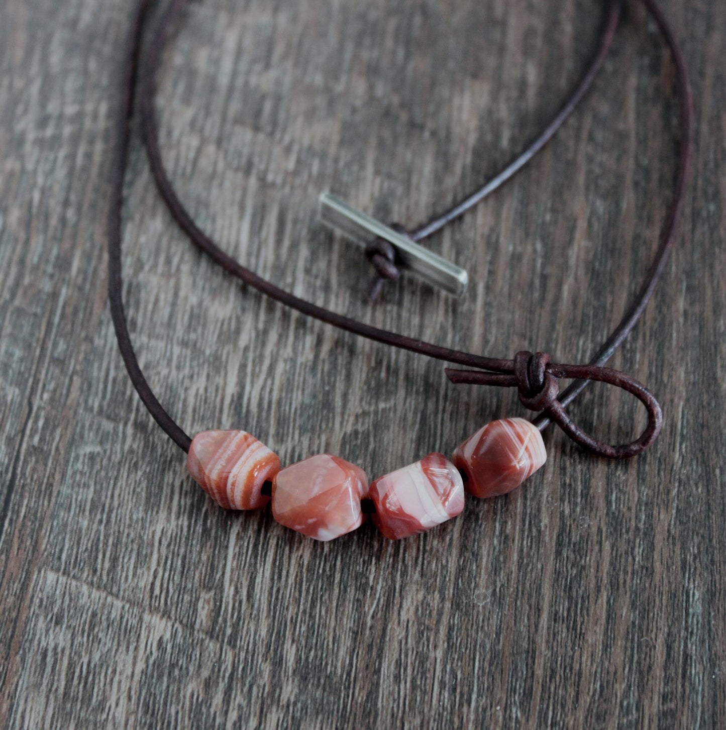 Orange Agate Beads on Leather Cord