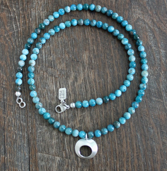 Blue Apatite Bead Necklace with Silver Pendant