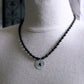 men's black onyx bead necklace, hand stamped silver pendant