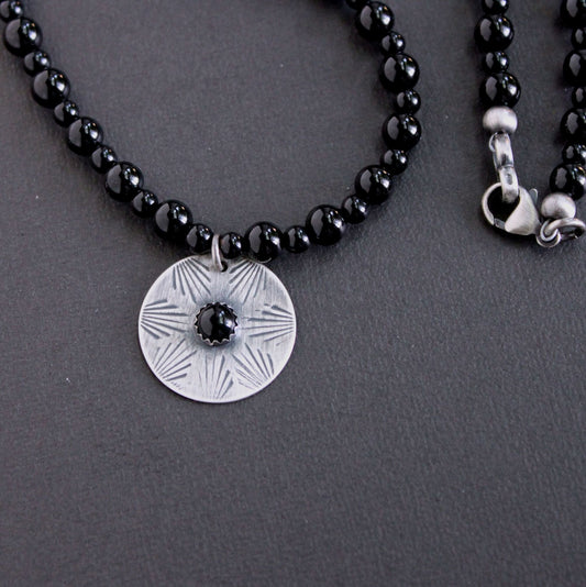 black onyx bead necklace with sterling silver pendant, handmade
