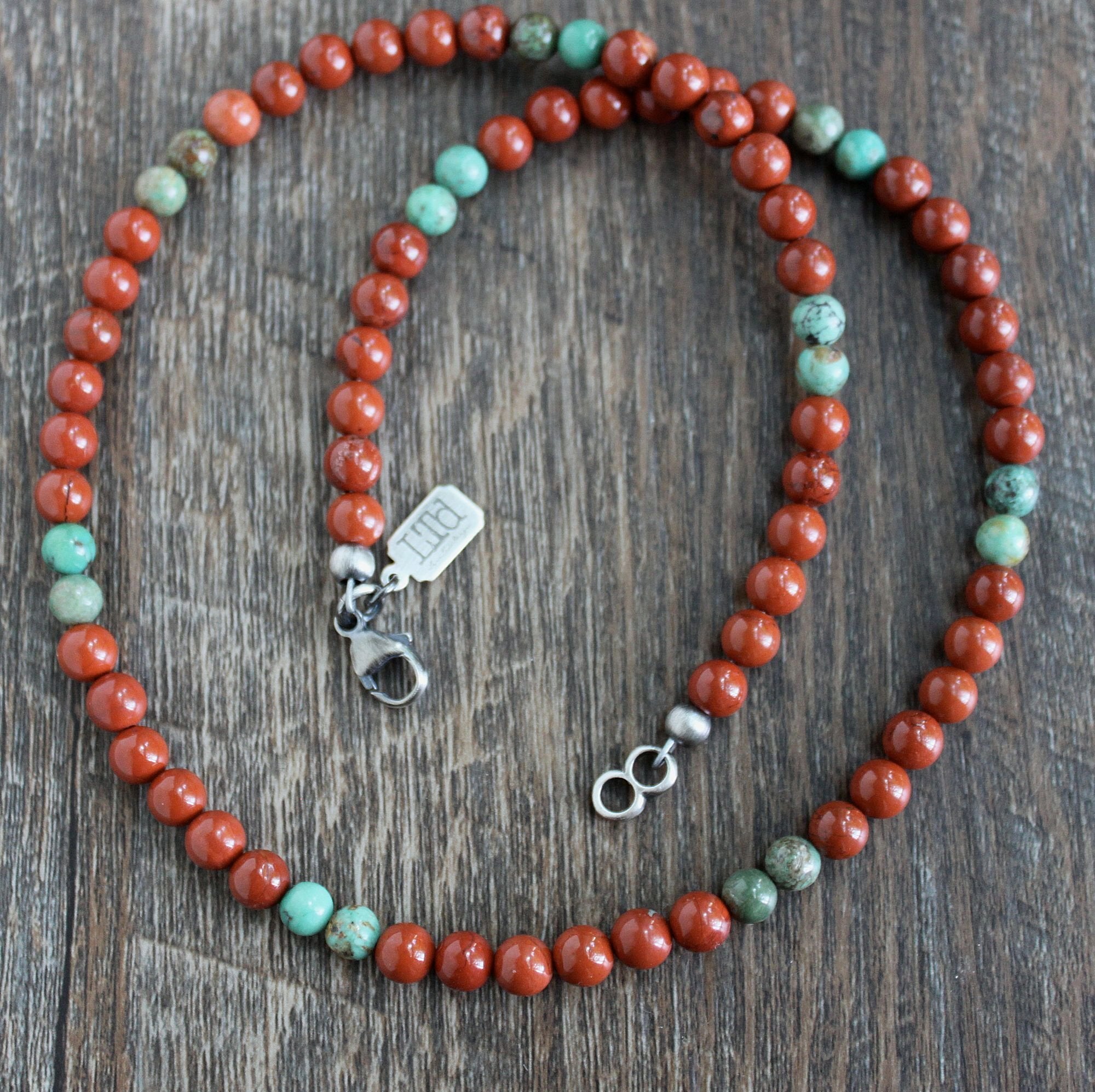 925 sterling good silver handmade red jasper and turquoise beaded Necklace