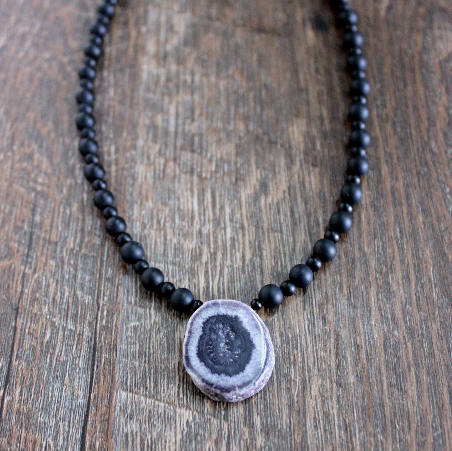 Black Onyx Bead Necklace, Solar Quartz Stone