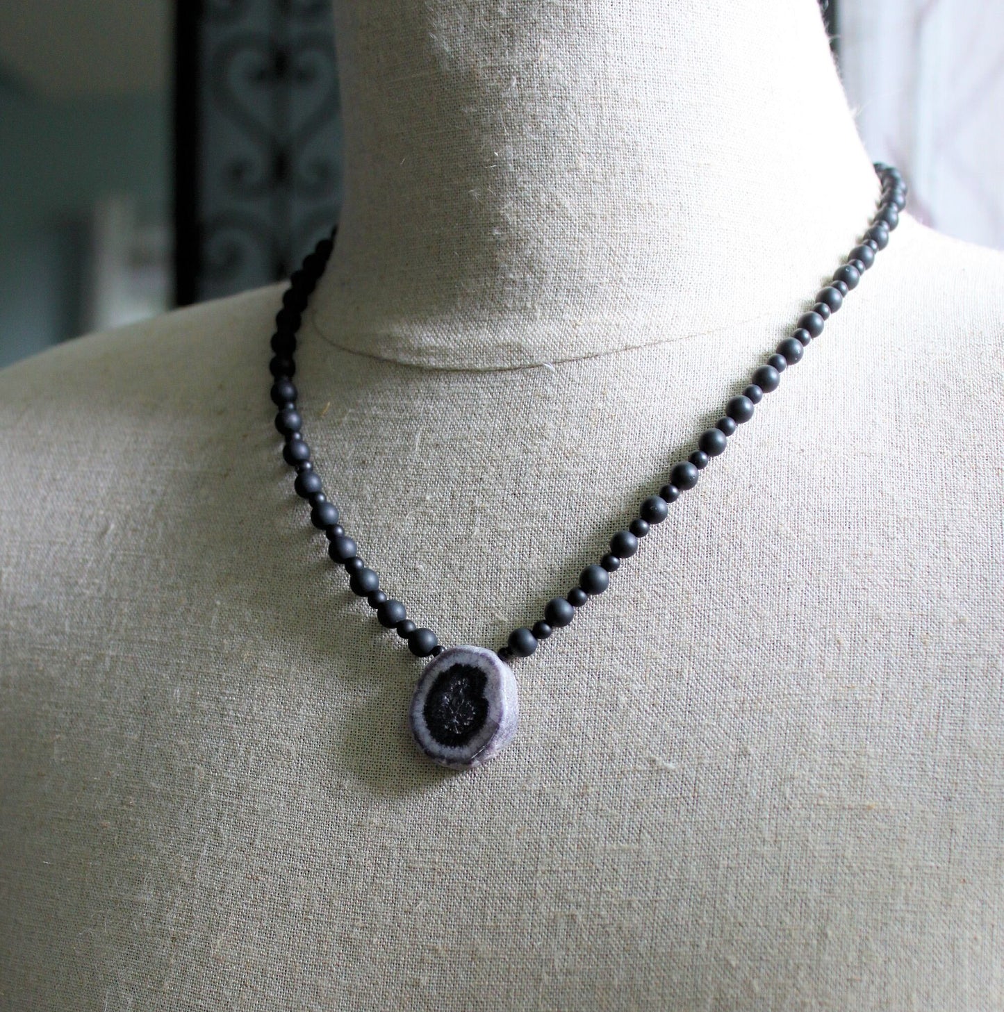 Black Onyx Bead Necklace, Solar Quartz Stone