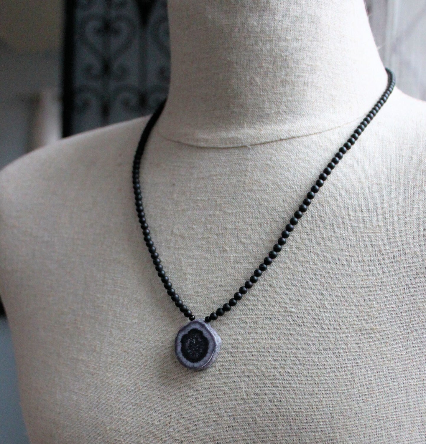 Solar Quartz Pendant, Onyx Bead Necklace