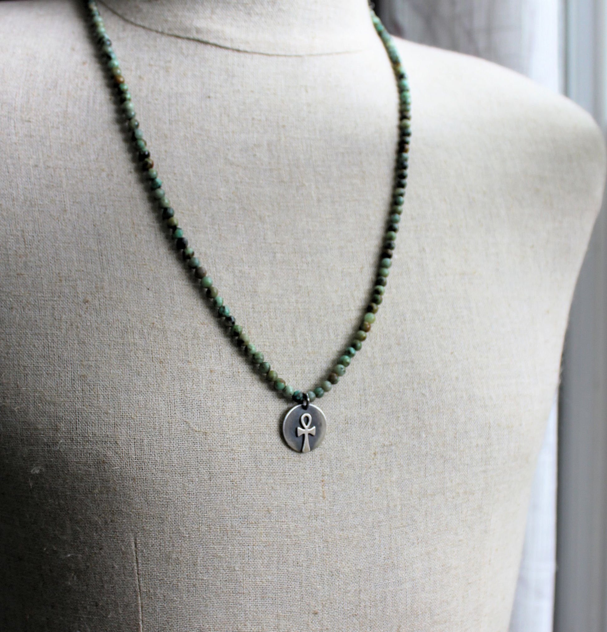 men's 4mm bead necklace, ankh pendant