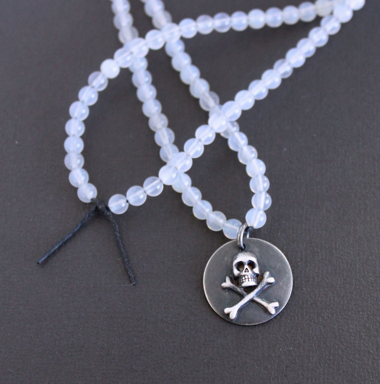 Skull and Crossbones White Agate Bead Necklace