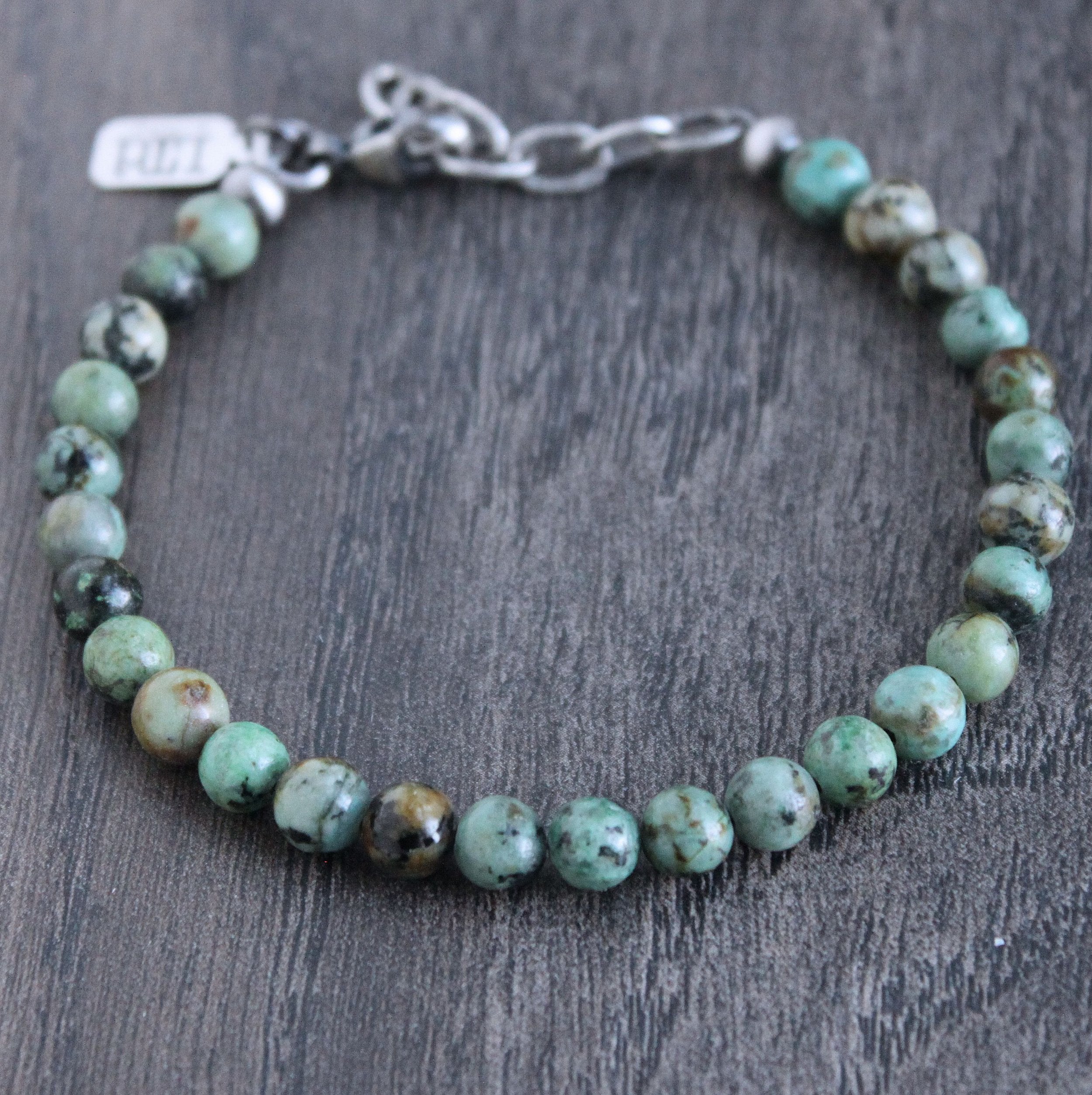 African Turquoise Bead Bracelet with Small Silver Tube - 10mm