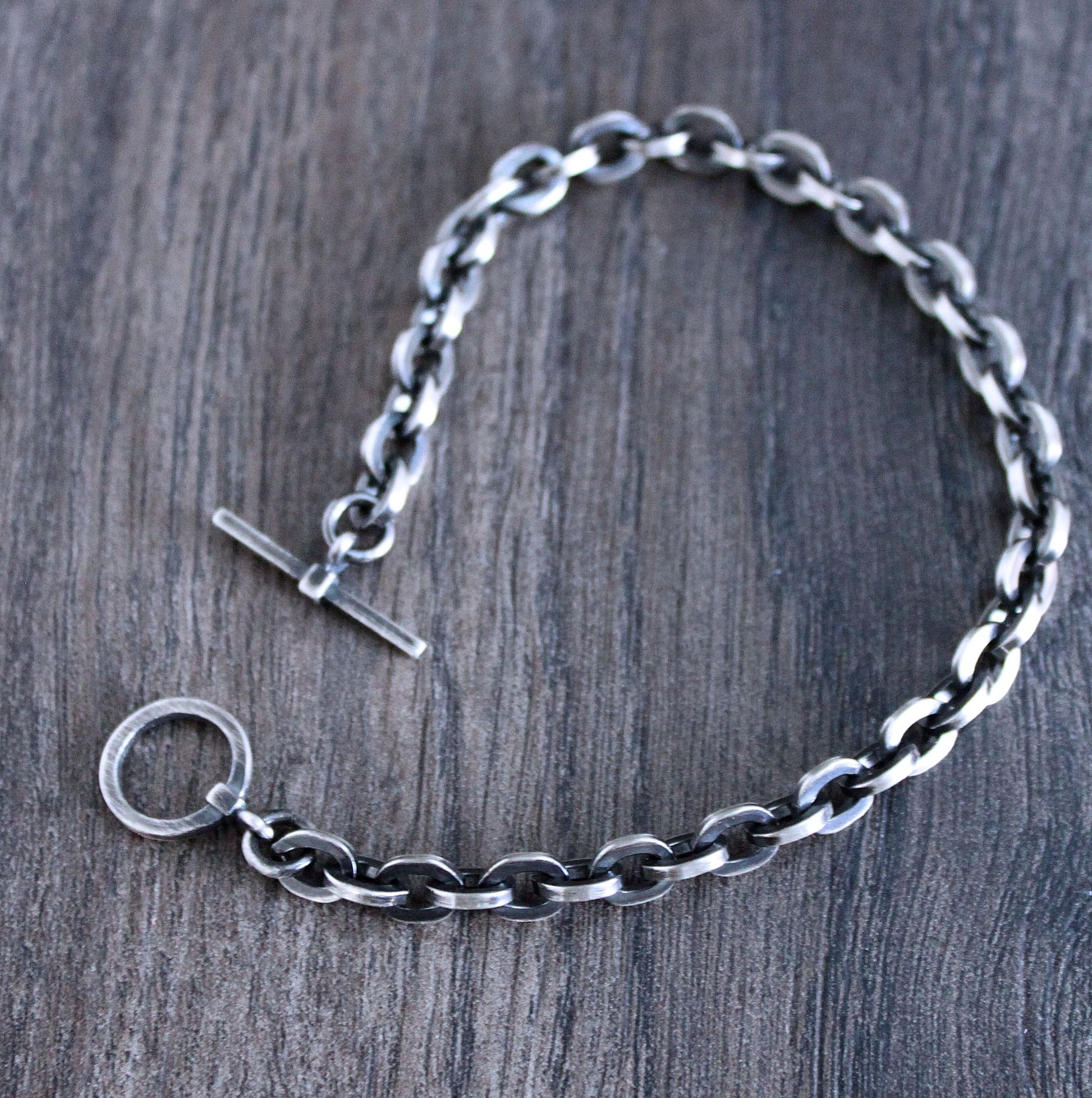 Men's Silver Square Wire Cable Chain Bracelet, Toggle Clasp 8 Inches