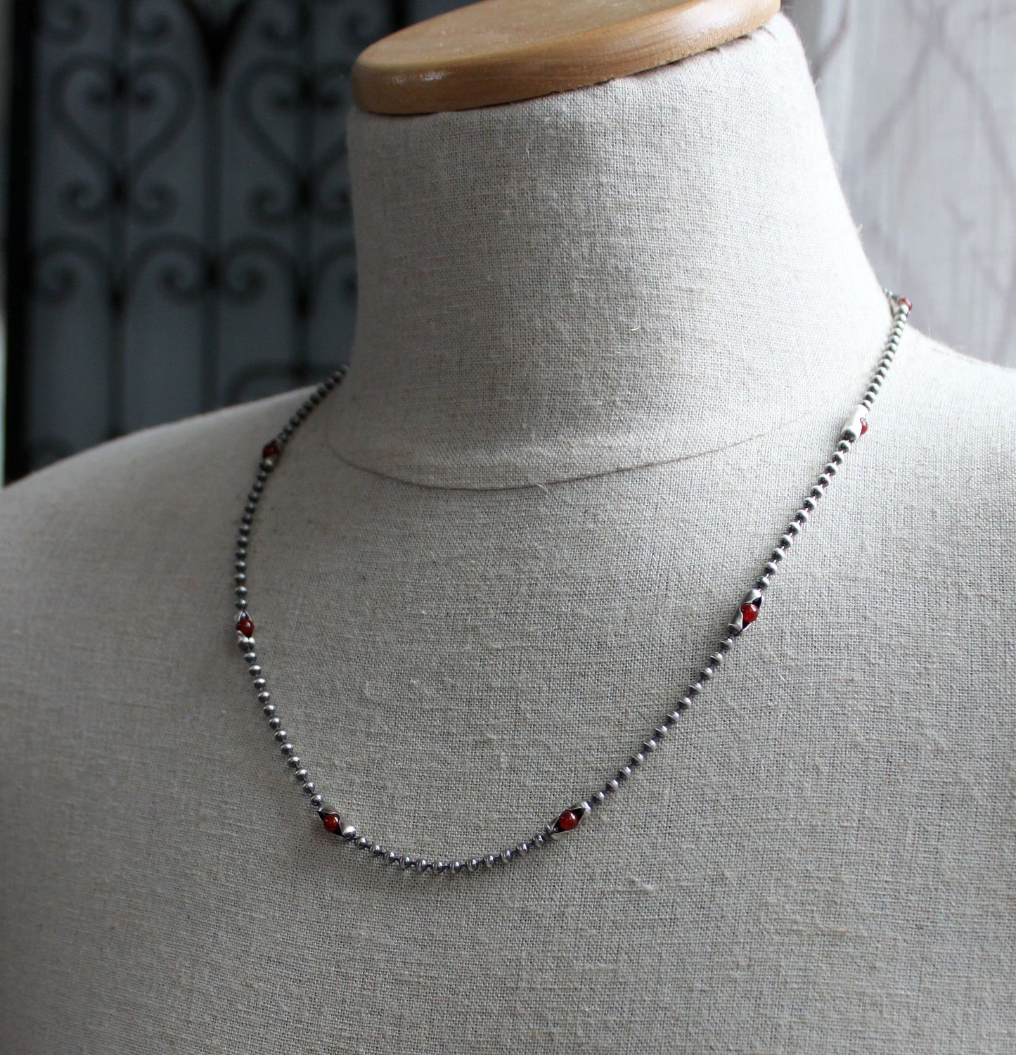 Men's Red Silver Bead Chain Necklace