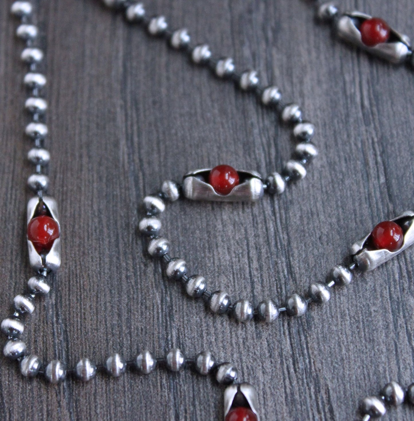 Red Agate Bead Silver Chain Necklace