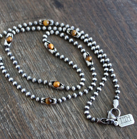 men's ball chain necklace with Tiger Eye beads