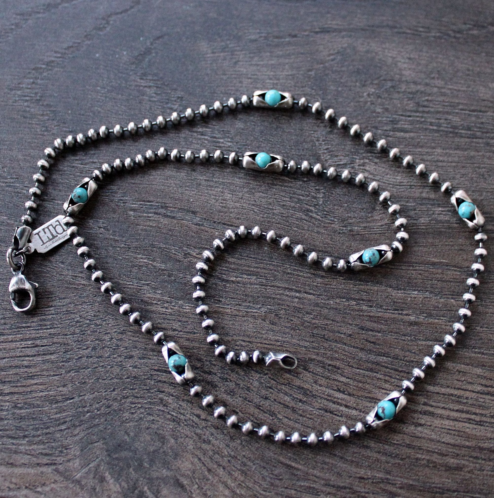 Men's Ball Chain Necklace with Turquoise Beads 24 Inches