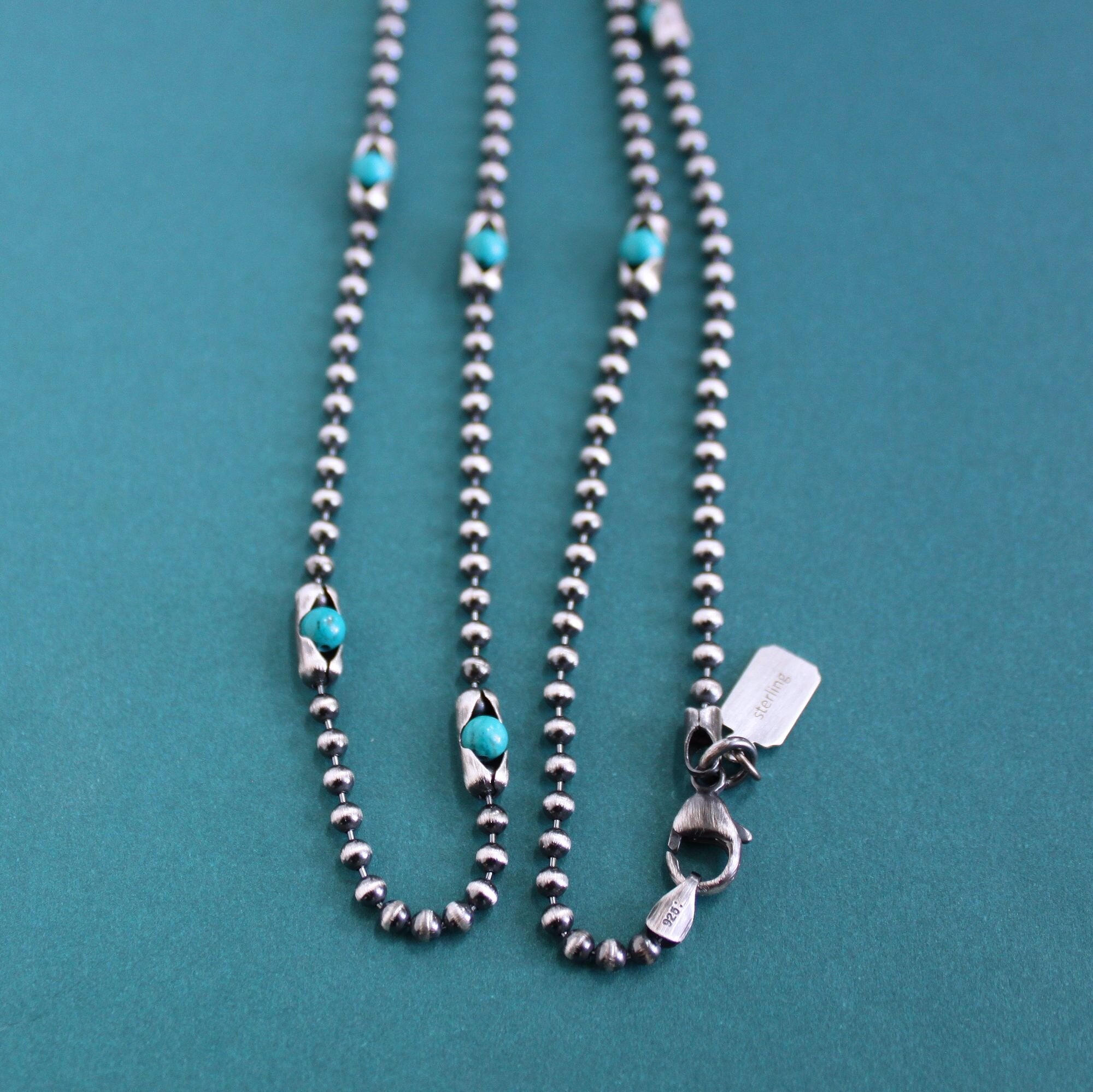 Turquoise Stone Silver Ball Chain Necklace