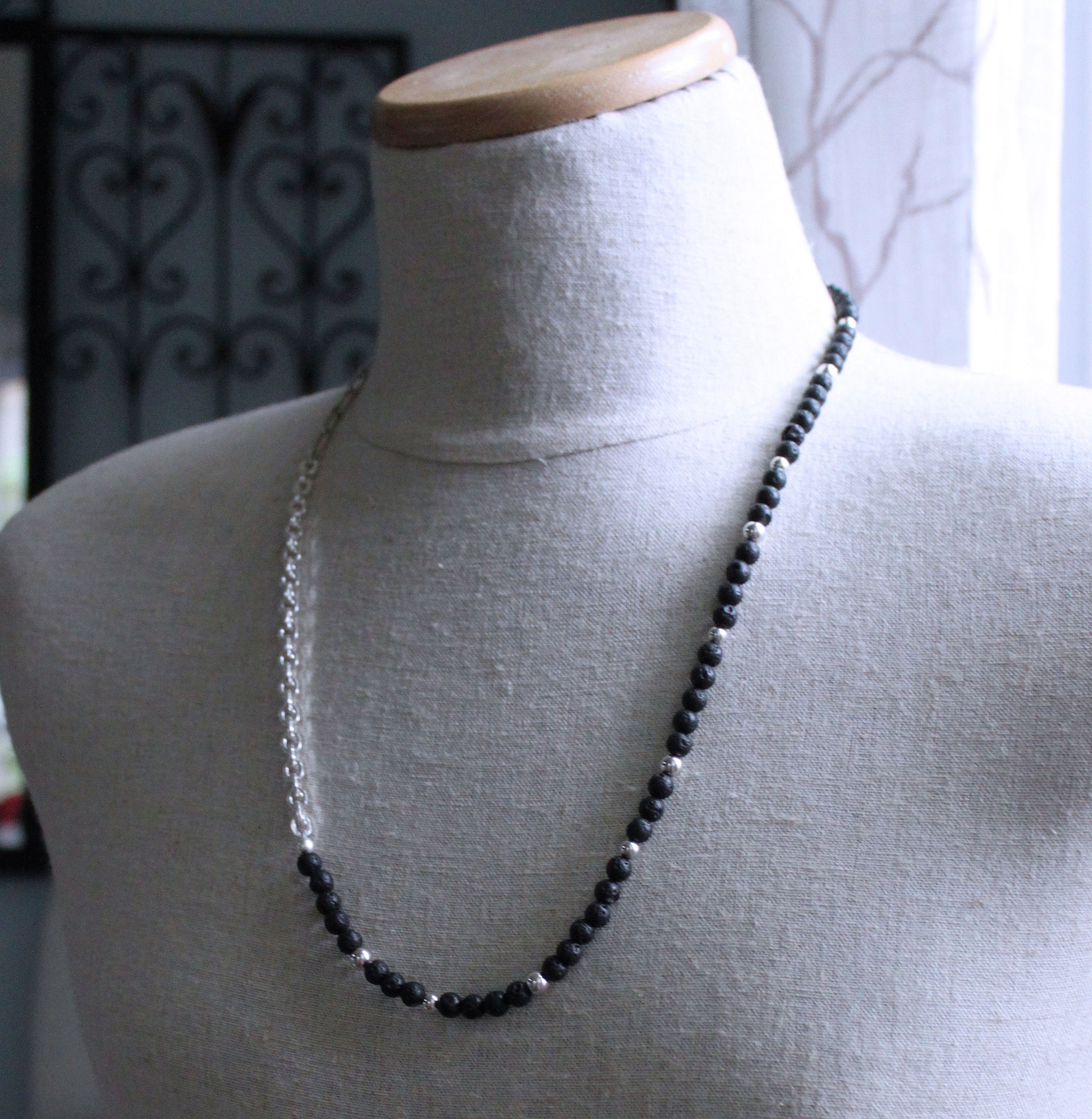 men's lava and silver bead necklace