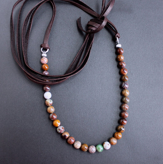 African Opal Beads, Long Leather Necklace