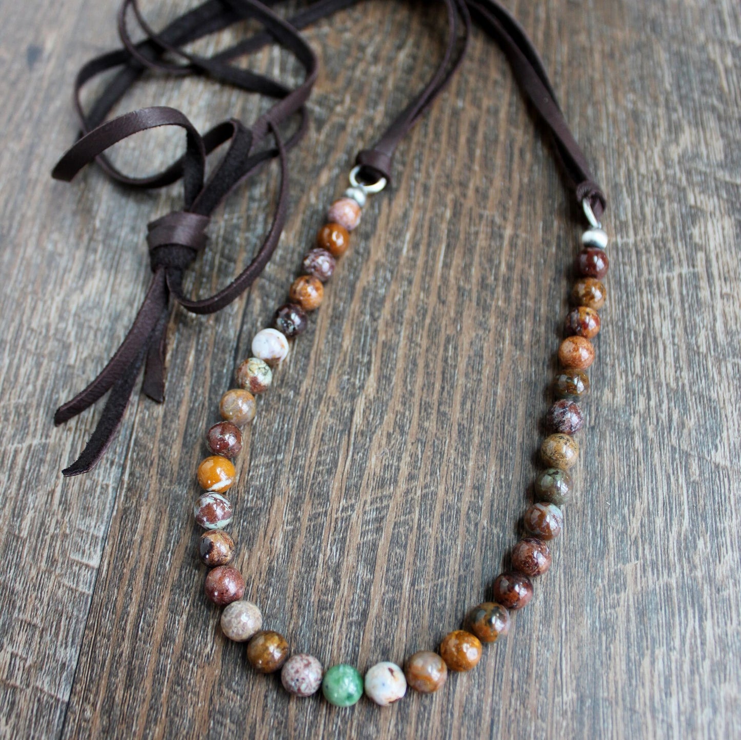 African Opal Beads, Long Leather Necklace