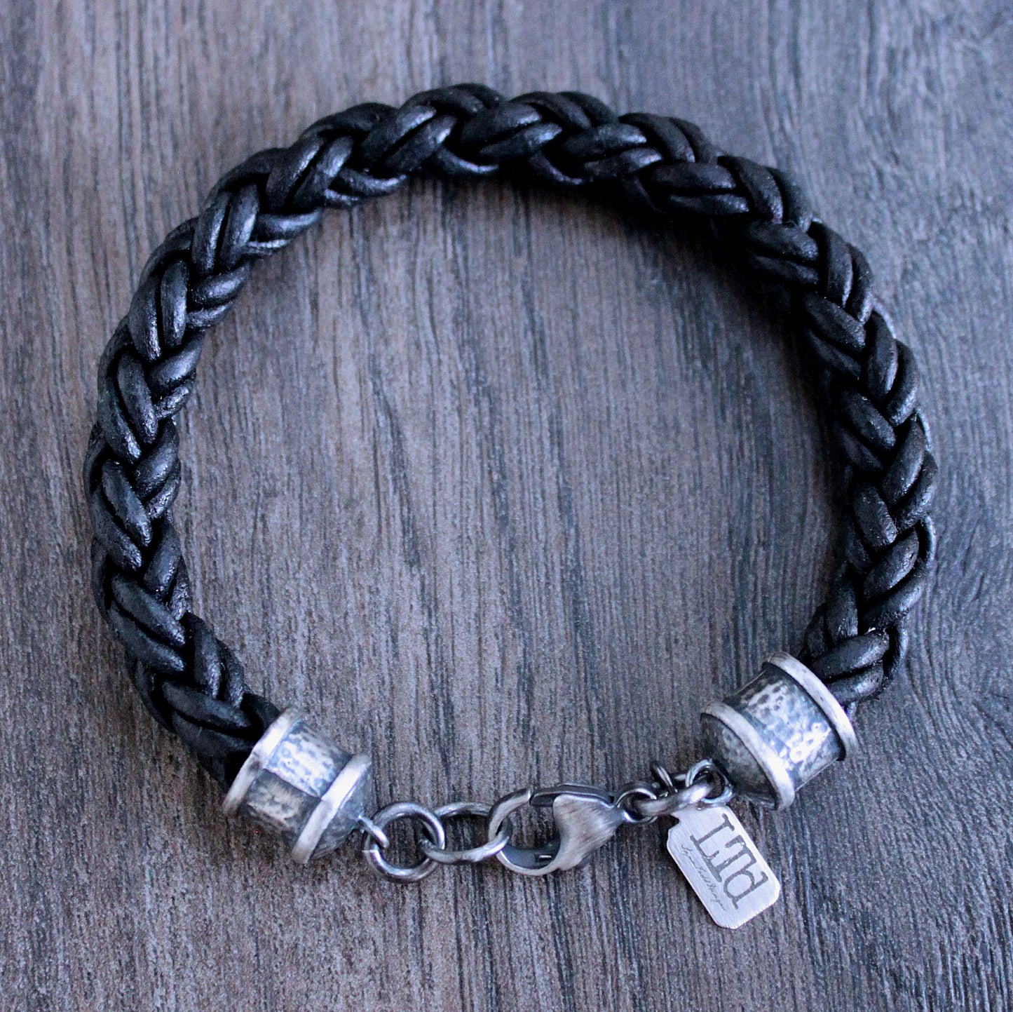 Men's thick black leather braid bracelet