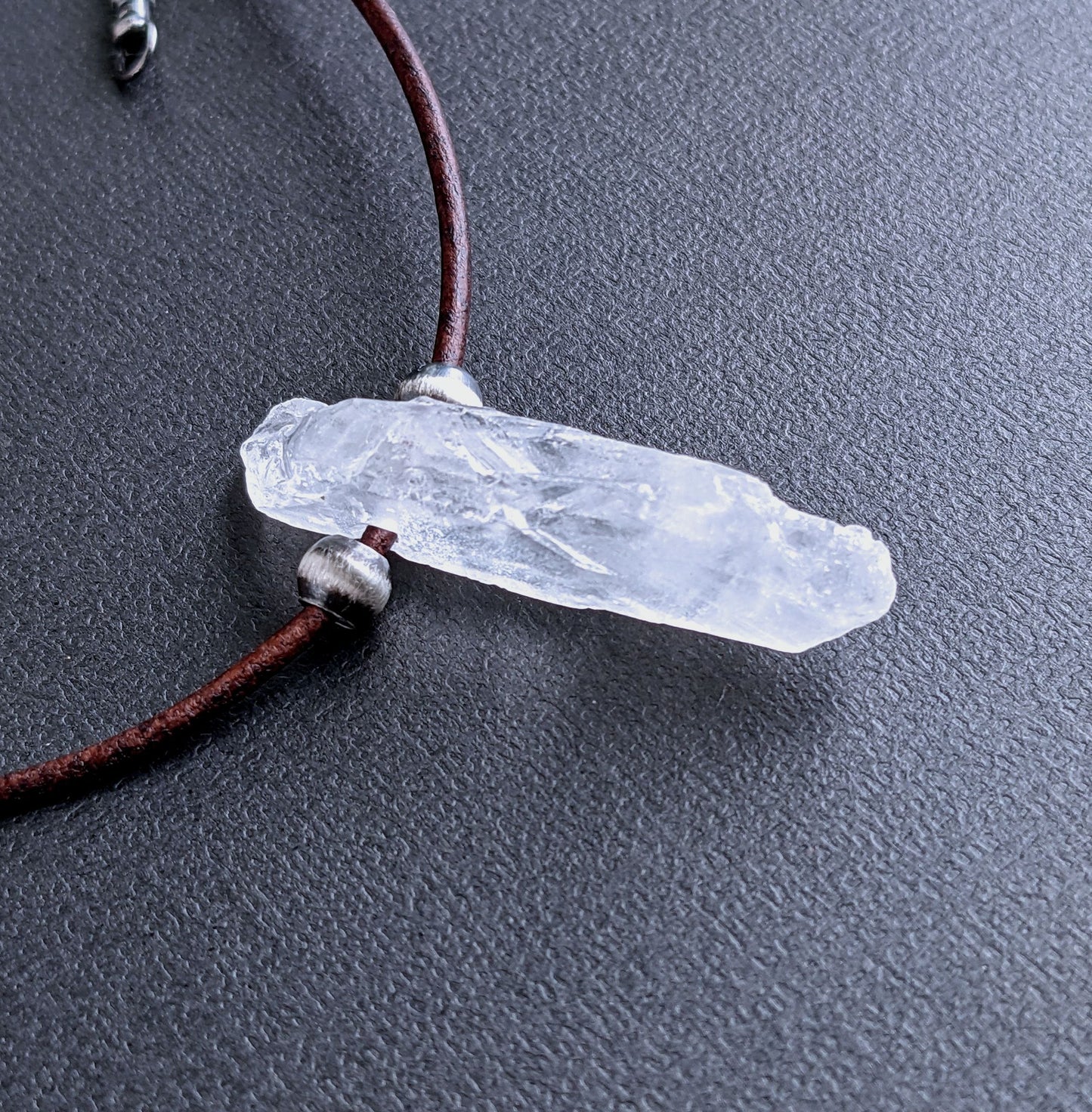 men's rough quartz pendant leather necklace