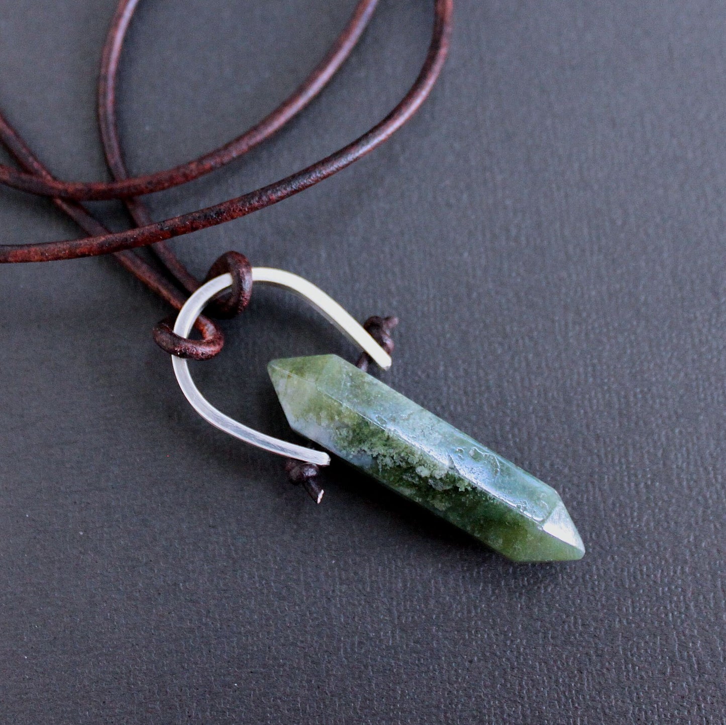 Moss Agate Point on Long Leather Cord