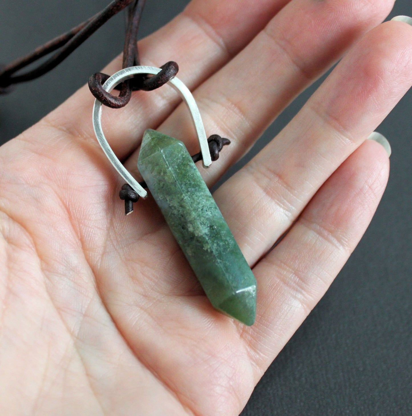 Moss Agate Point on Long Leather Cord