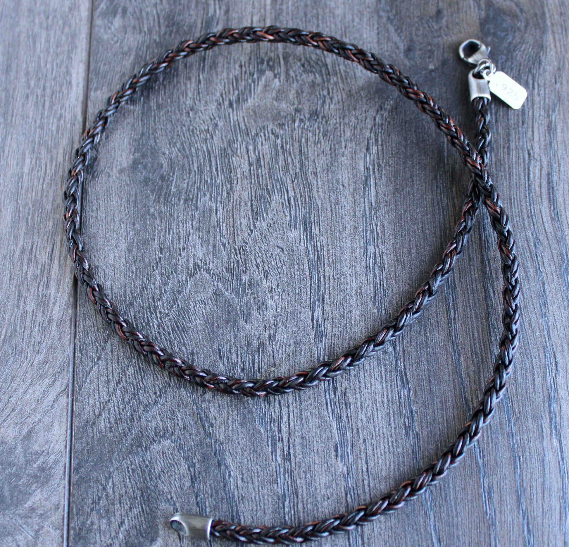 Men's 21.5 Braided Brown and Tan Leather Choker Necklace