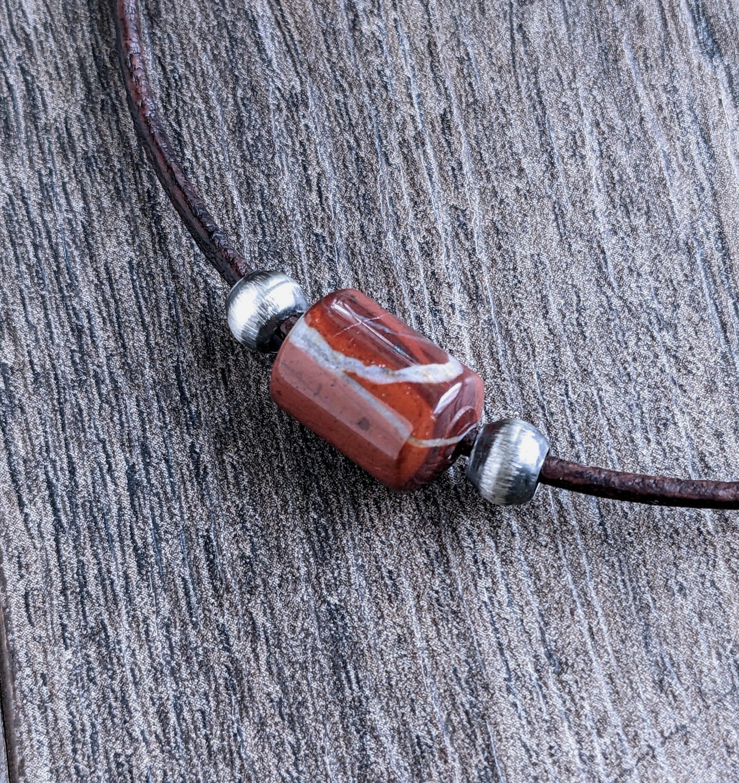 Men's Carnelian Barrel Bead Leather Cord Necklace 18 Inches