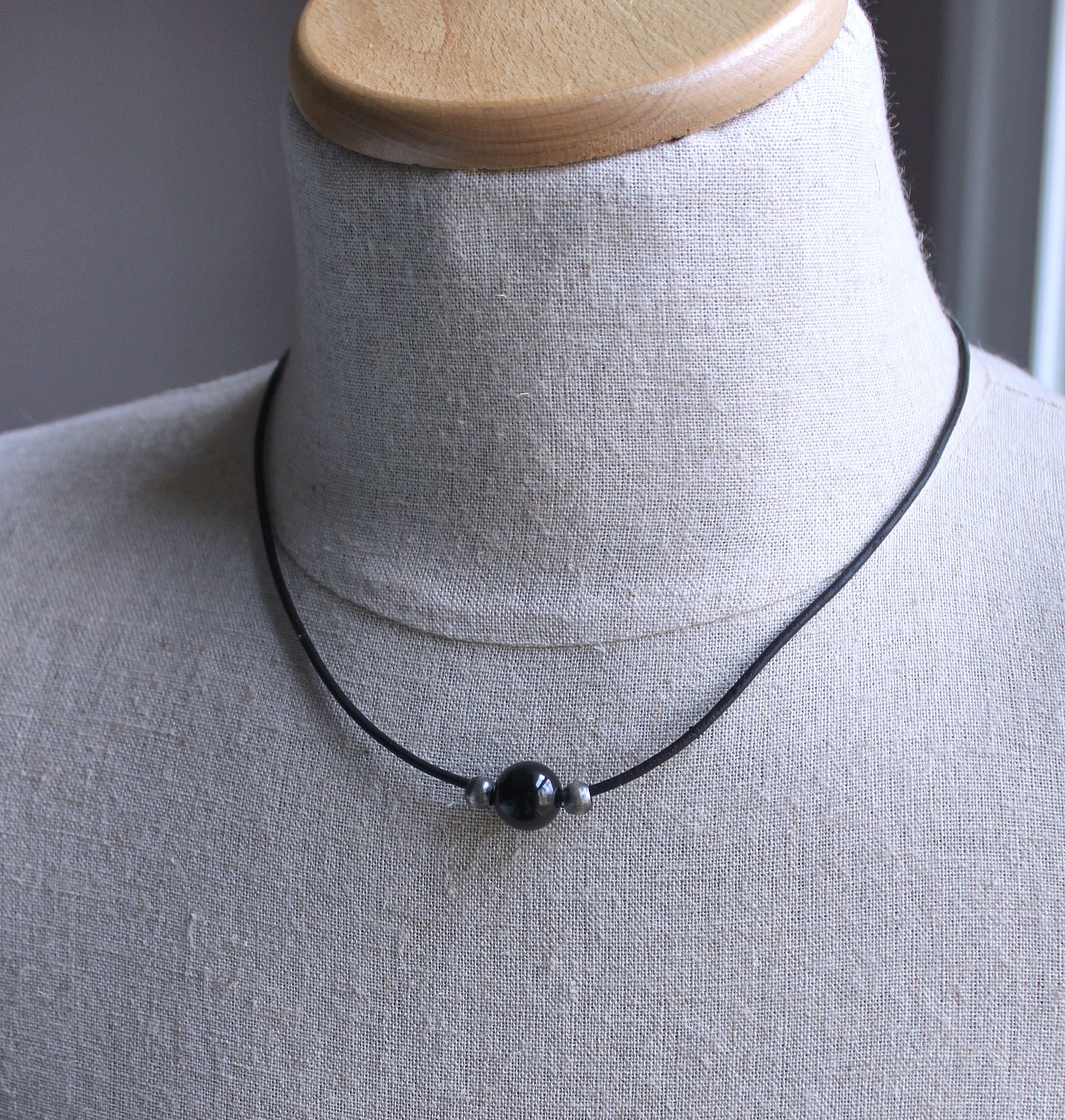 Men's Black Agate Bead Black Leather Cord Necklace 18 Inches