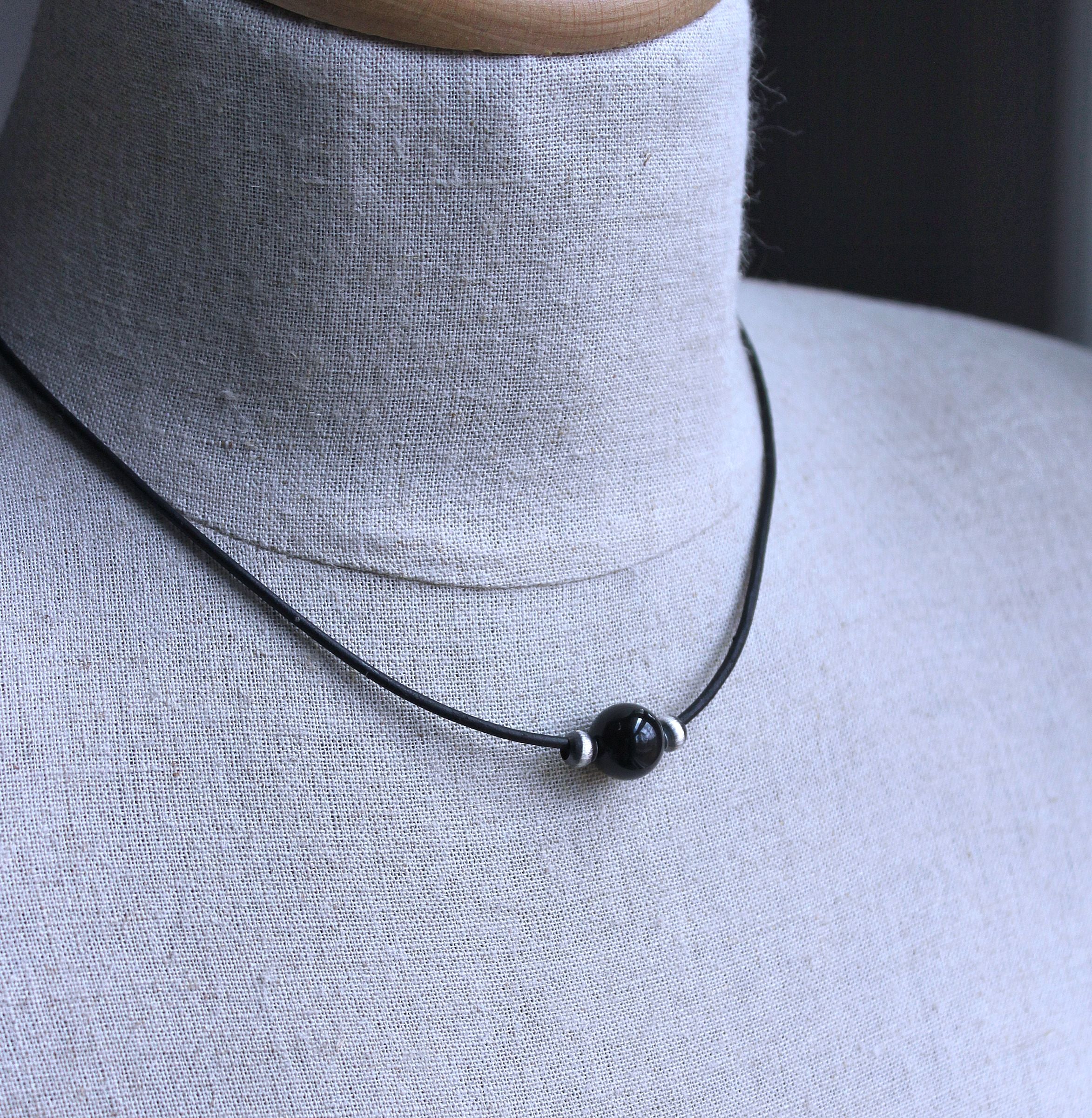 Men's Black Agate Bead Black Leather Cord Necklace 18 Inches