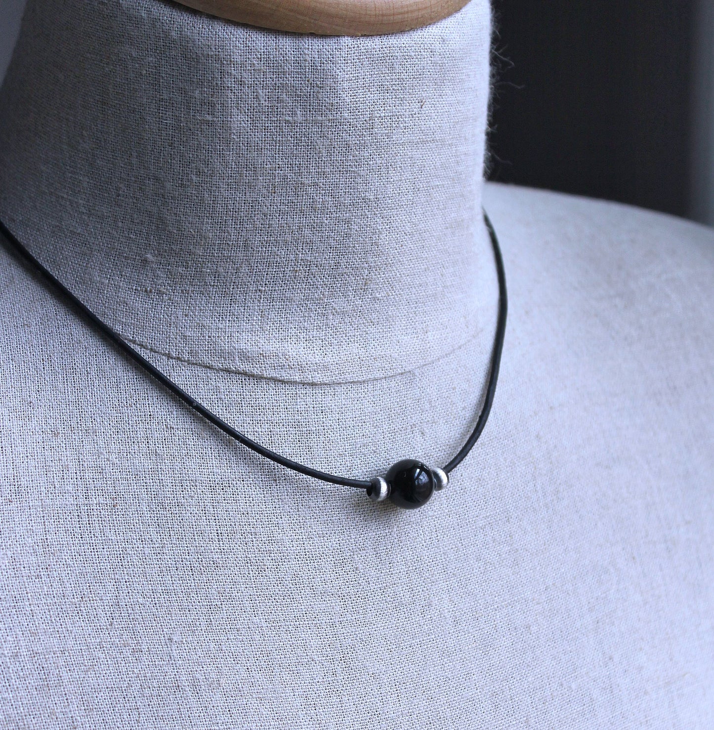 Men's Leather Bead Choker Necklace