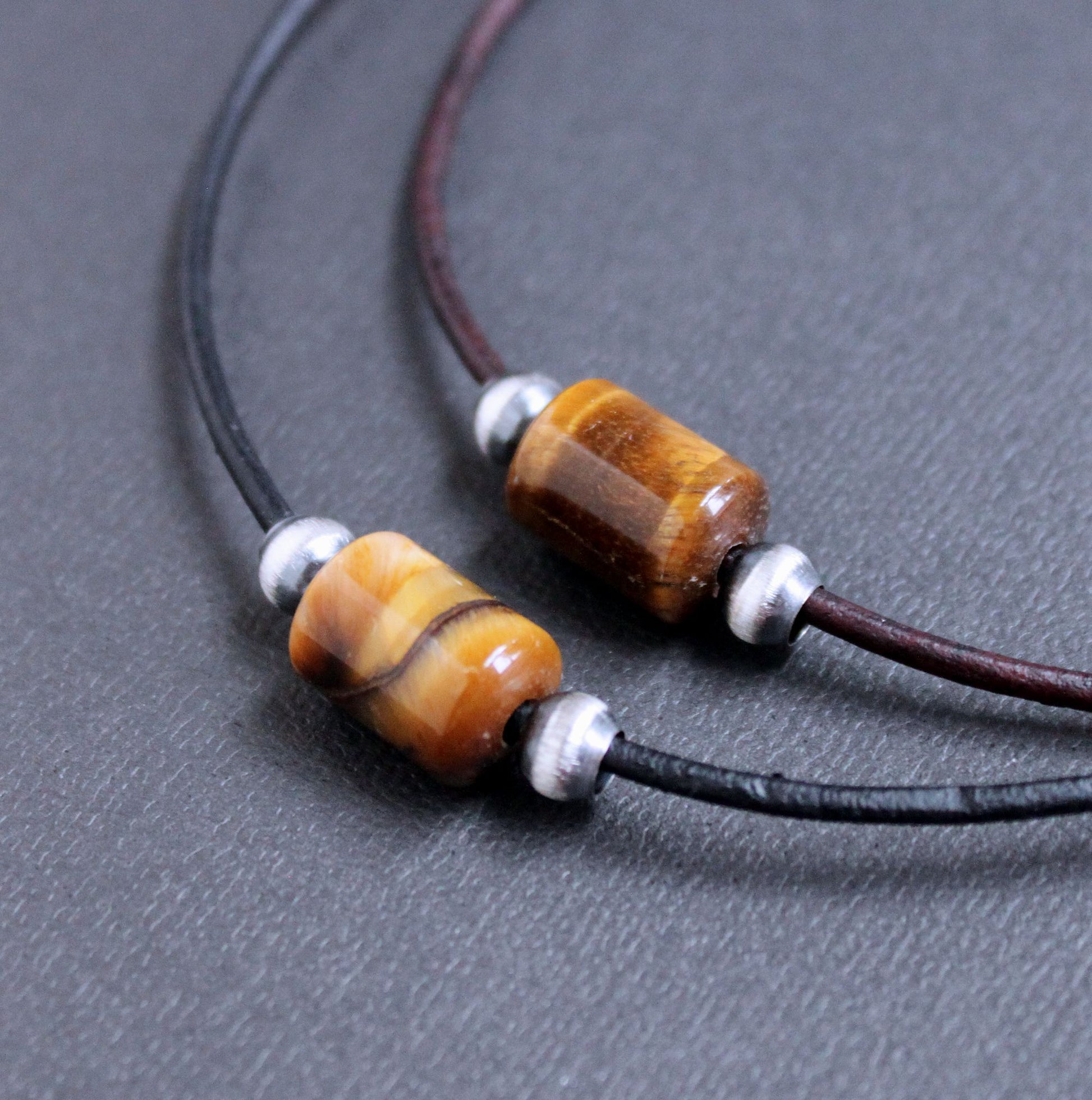 Men's Tiger Eye Bead Black Leather Cord Necklace 20 Inches