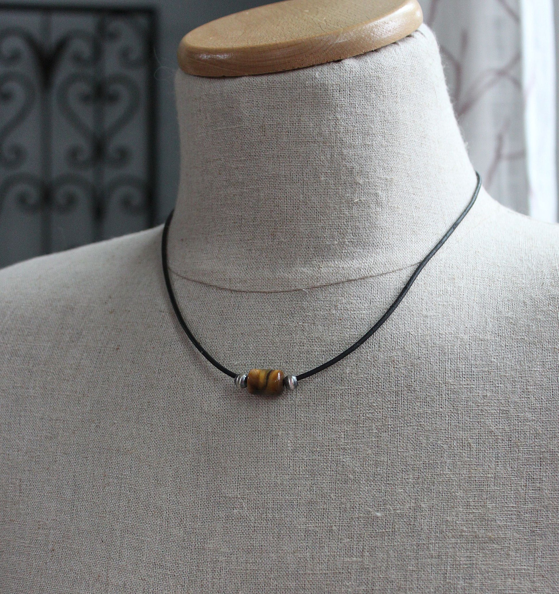 men's leather cord necklace, Tiger Eye bead