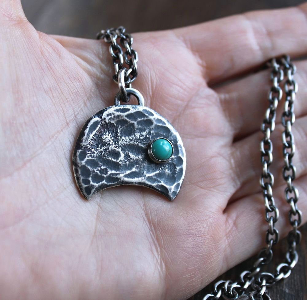 Distressed Hammered Silver Pendant with Turquoise