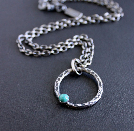 Rustic Hammered Ring Necklace with Turquoise