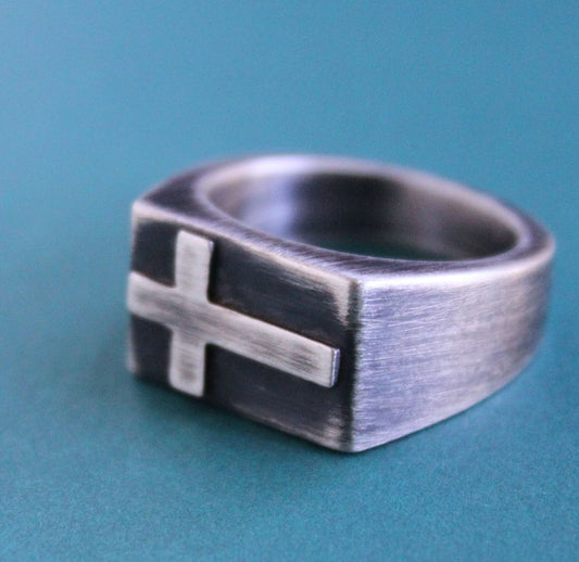 men's silver cross signet ring