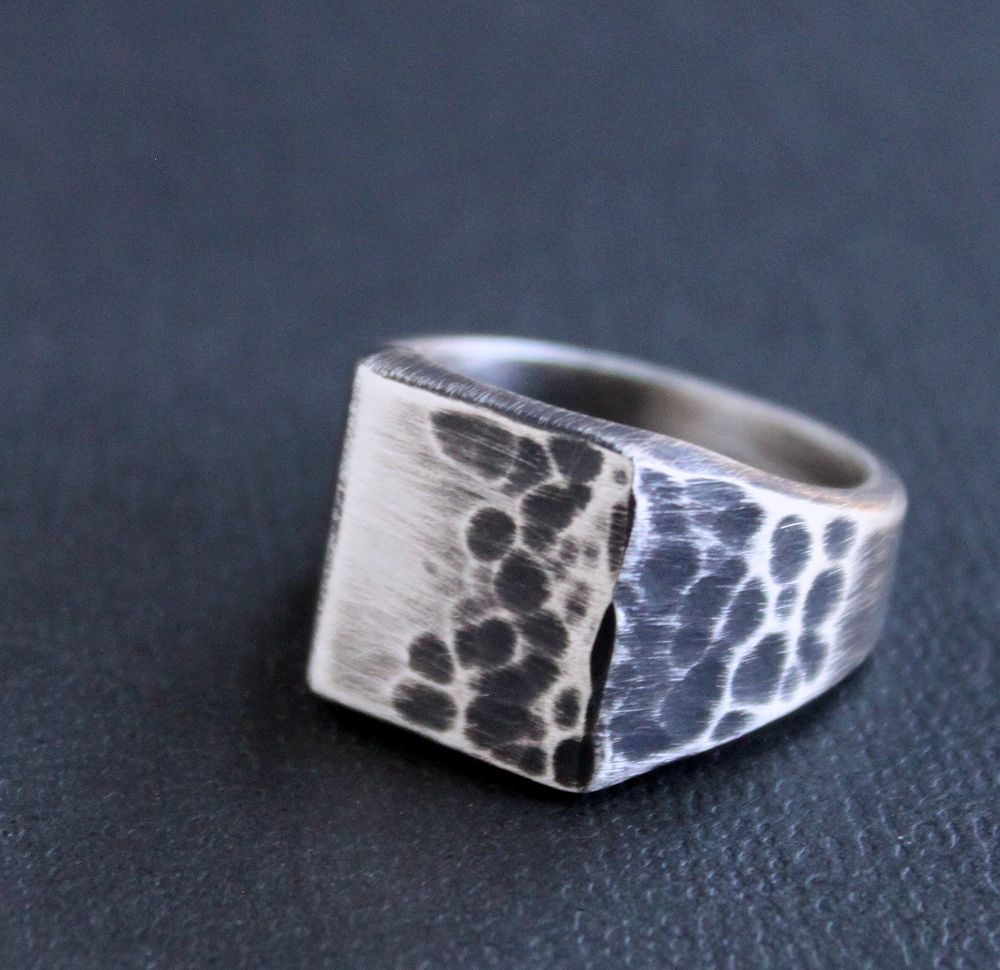 Men's Silver Square Signet Ring, Rustic Hammered