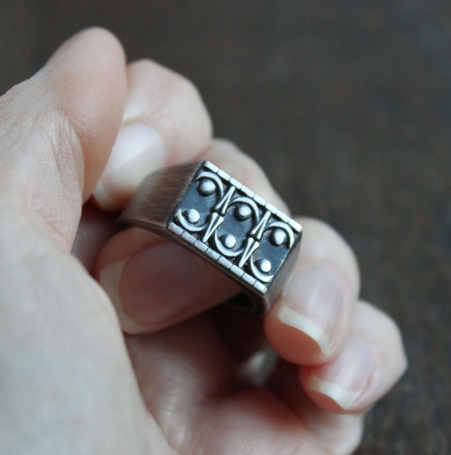 Detailed Heavy Silver Signet Ring, Size 10