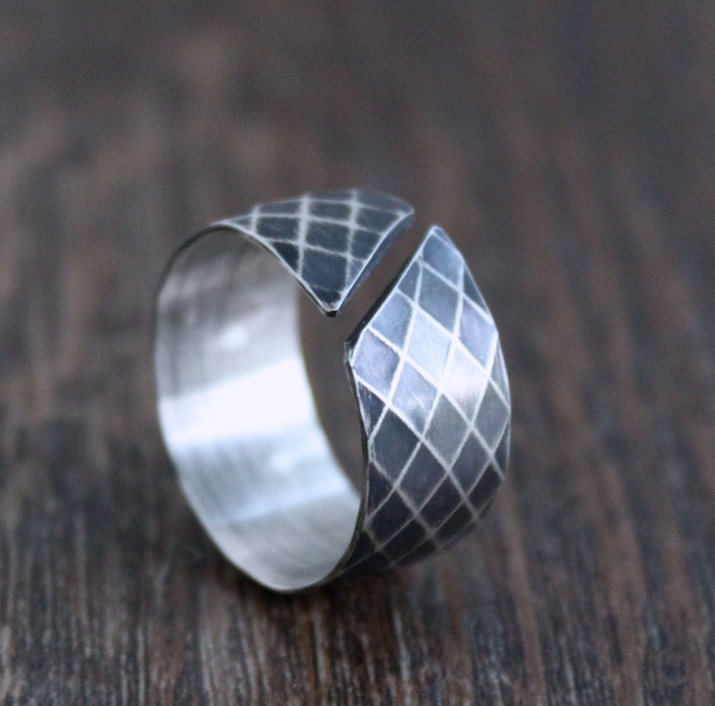 Diamond Pattern Ring, Open Oxidized Silver Band, Size 12