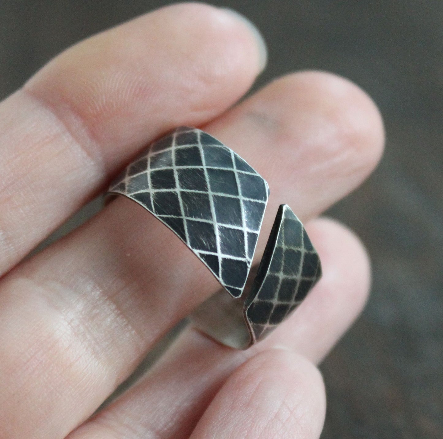 Diamond Pattern Ring, Open Oxidized Silver Band, Size 12