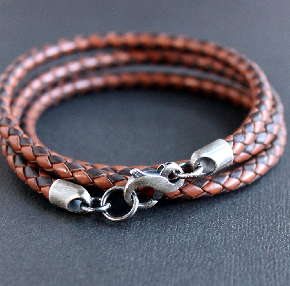 Men's Combo Brown Leather Wrap Bracelet, Silver Infinity Clasp S 7.5 Inches