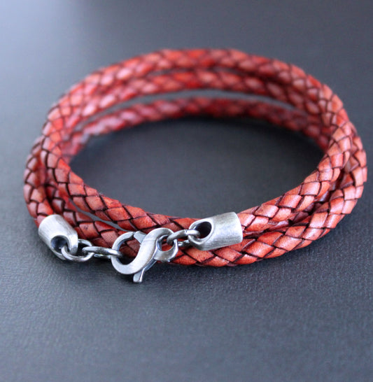 men's red leather wrap bracelet