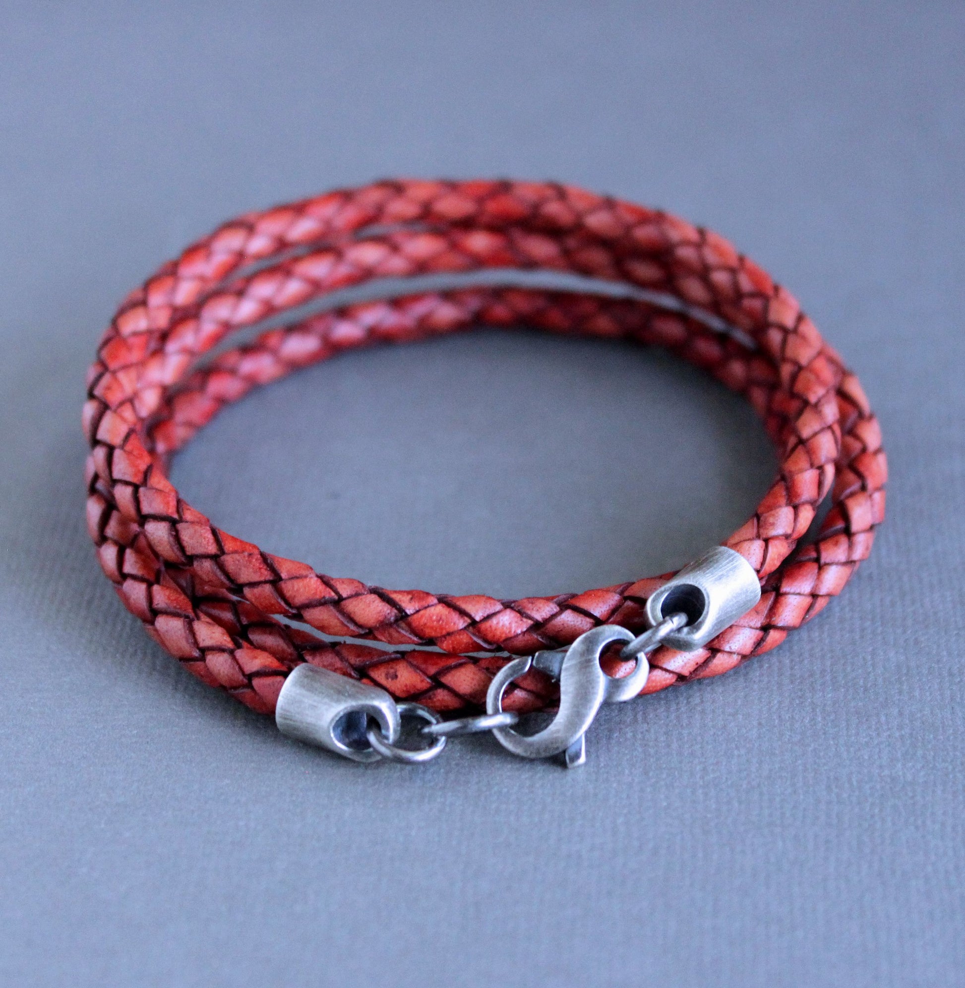 men's silver and red leather wrap bracelet