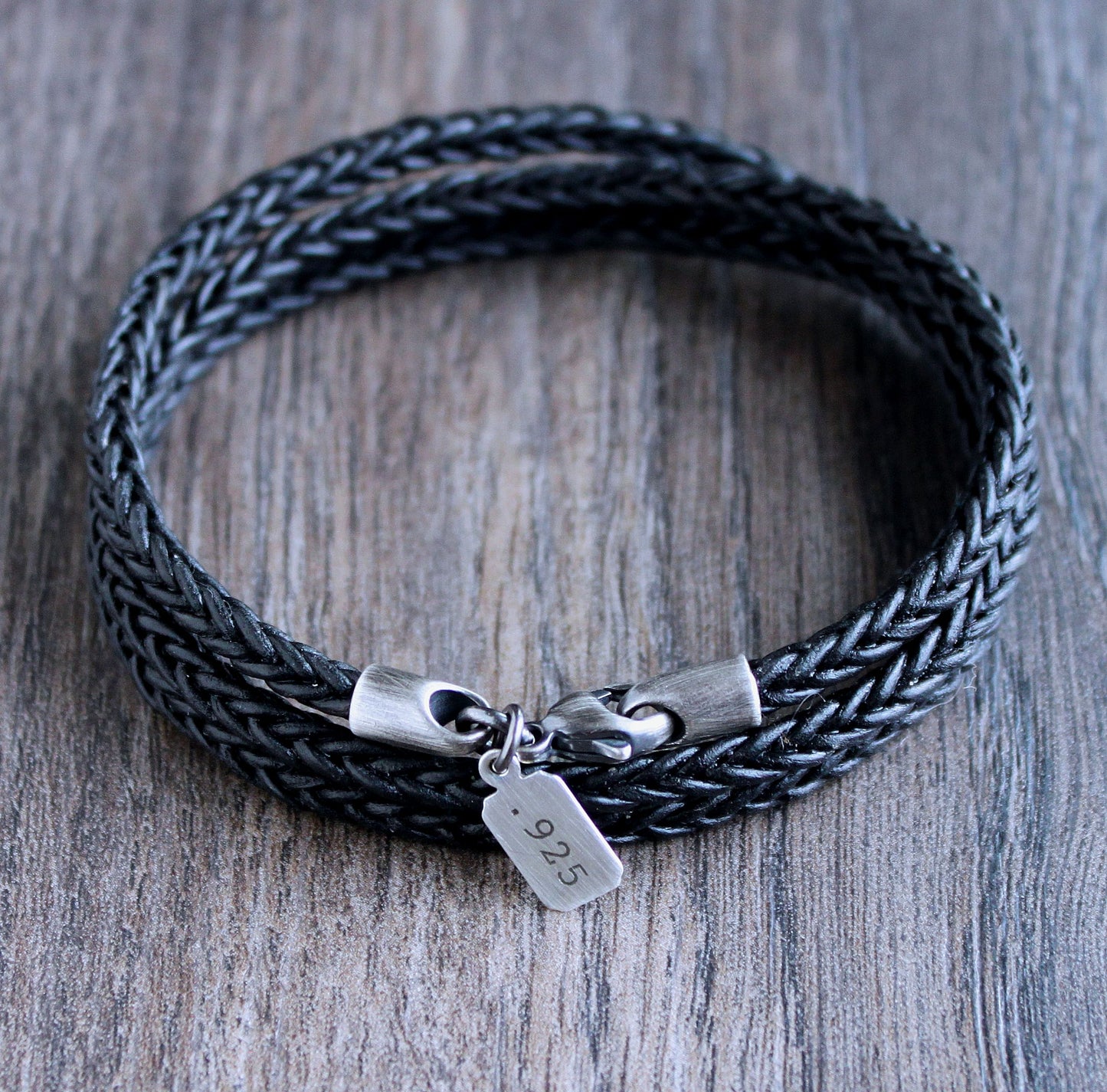 men's black leather braid wrap bracelet