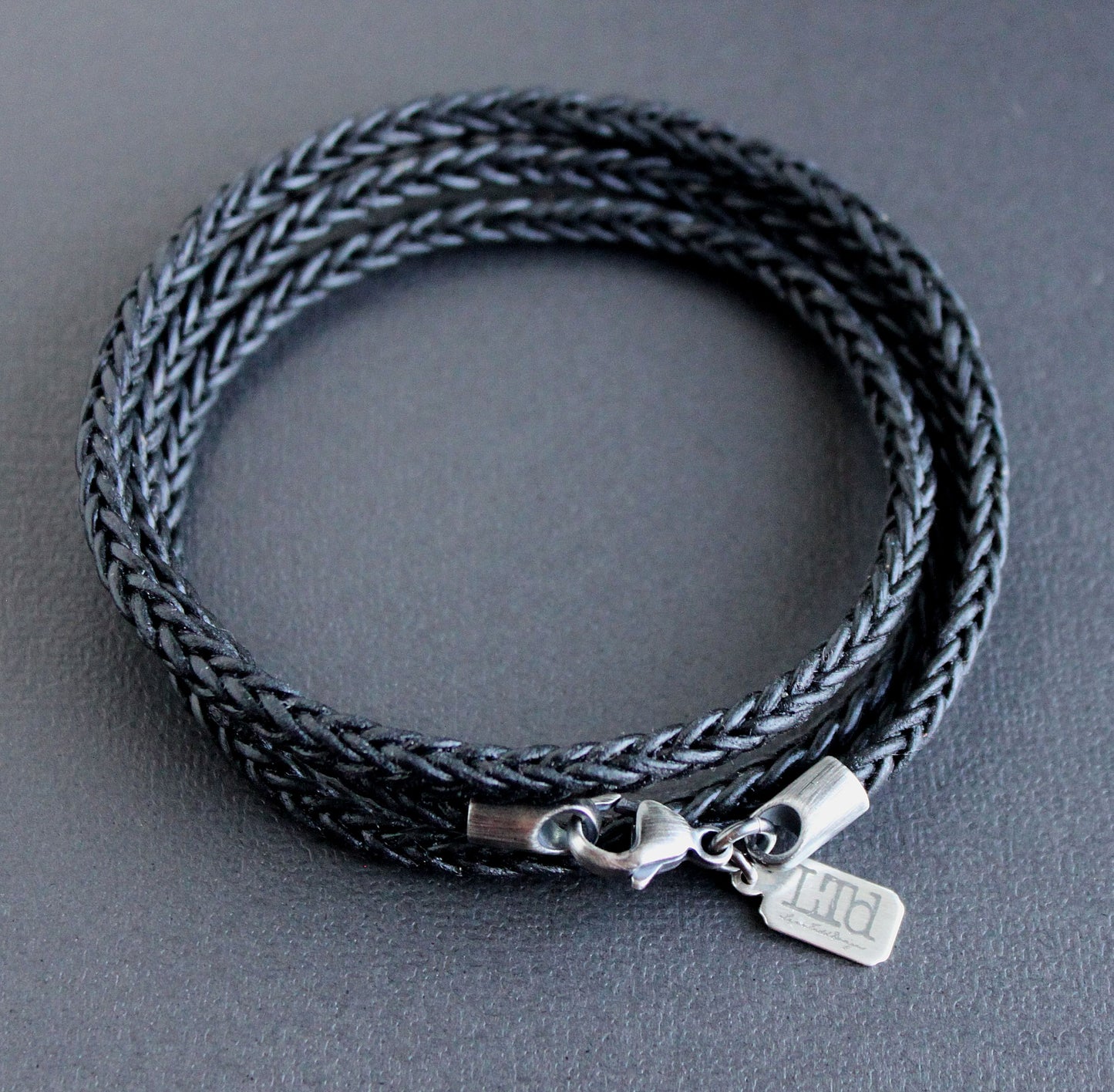 Men's Triple Leather Wrap Bracelet, Black Square Braid XS 7.25 Inches