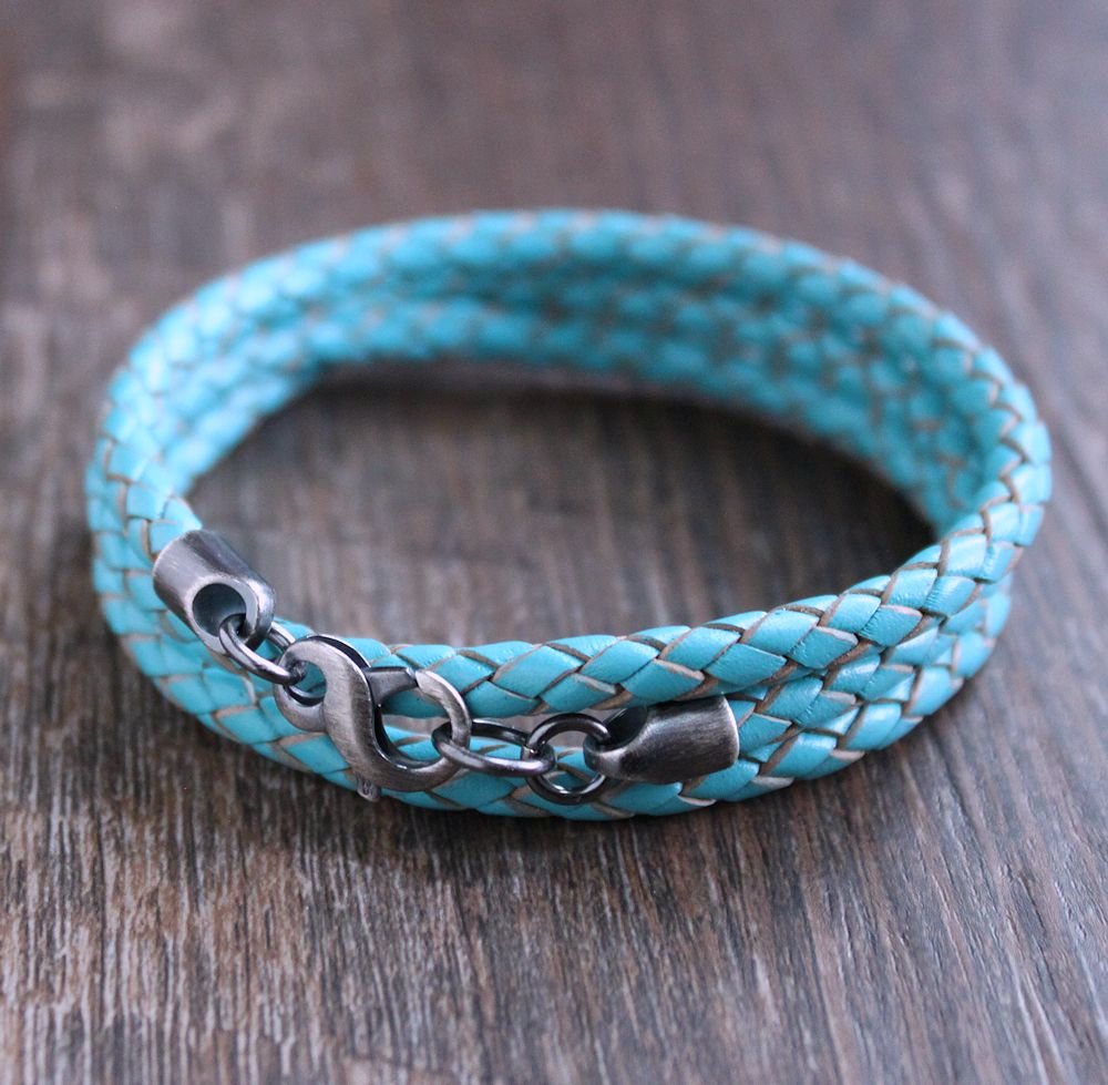 men's blue leather braid bracelet