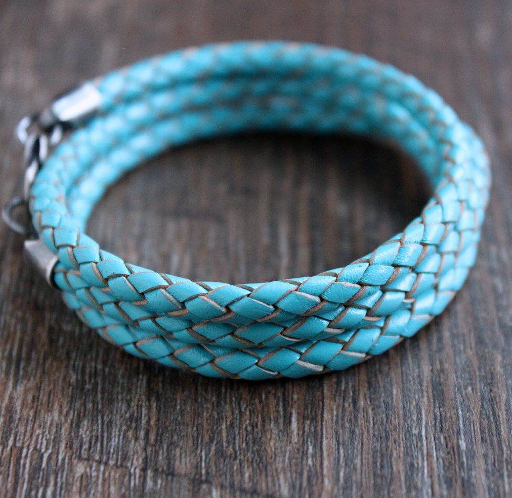 men's blue leather triple wrap bracelet