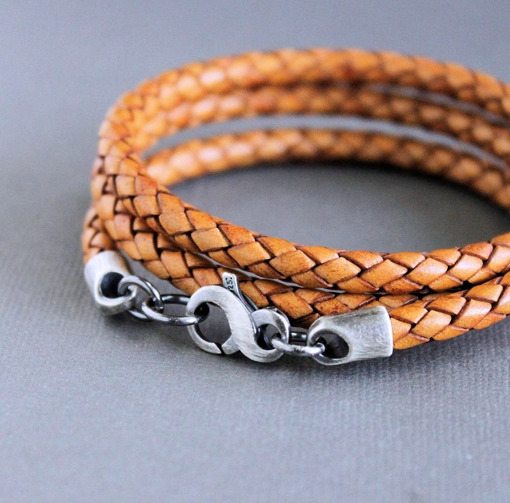 men's light brown leather wrap bracelet