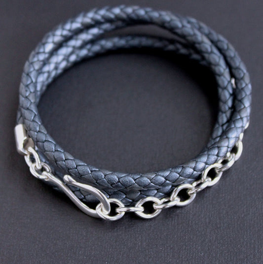 men's gray leather wrap bracelet